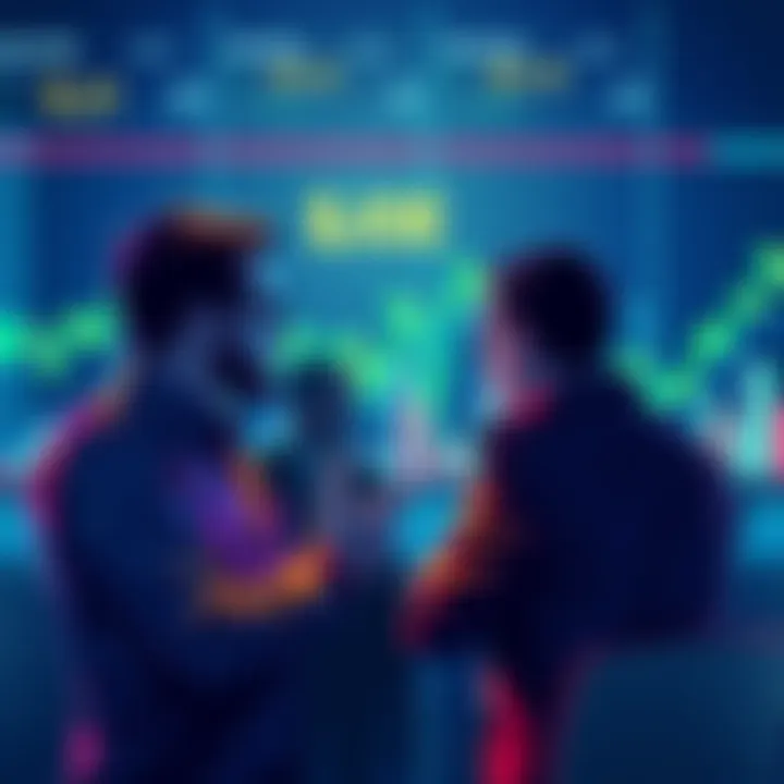 Investors discussing worries about the future of $JOE token, with graphs showing market trends in the background.