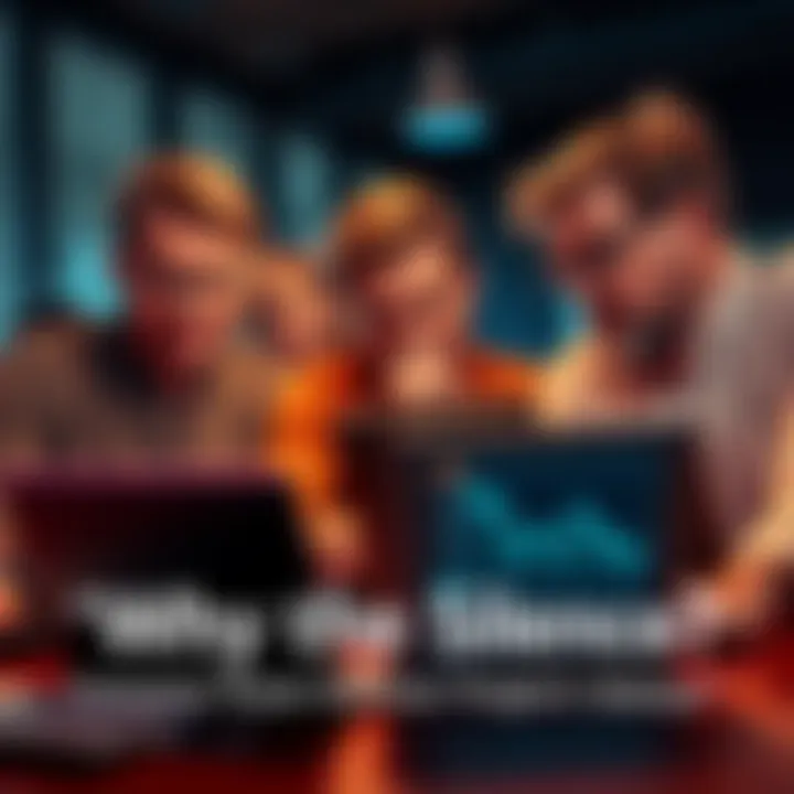 A worried group of people discussing a project with laptops and charts showing declining prices