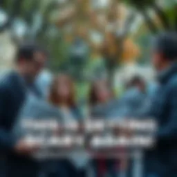 A group of people discussing recent unsettling news in a park, showing worried expressions and open newspapers.