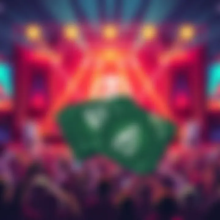 A vibrant illustration showing Atlas Bucks with a concert stage background, indicating virtual rent options for players.