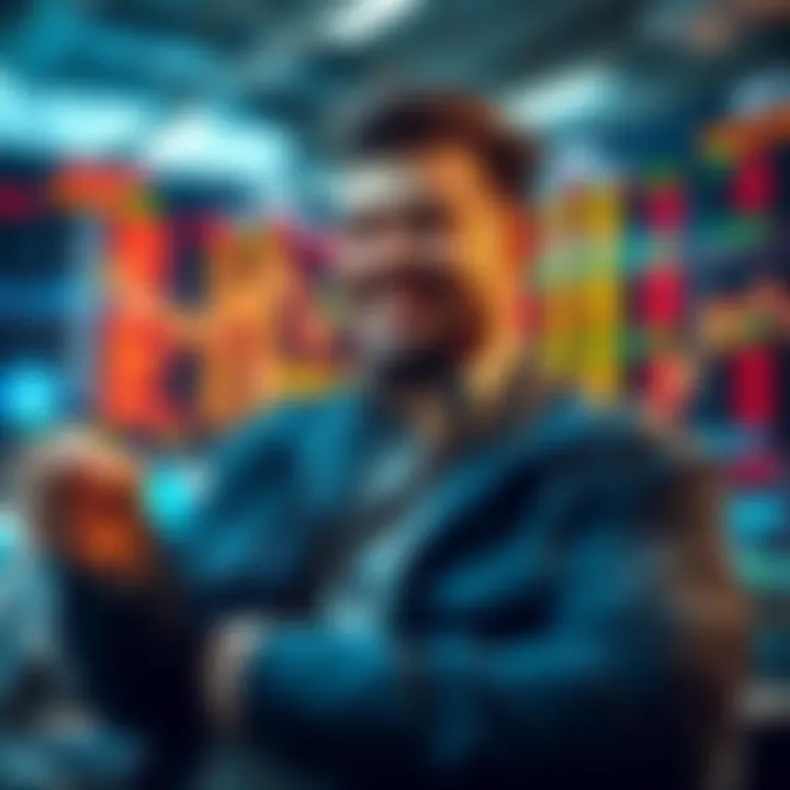 A confident investor smiling while purchasing stocks on a digital platform, showing excitement for high market prices.