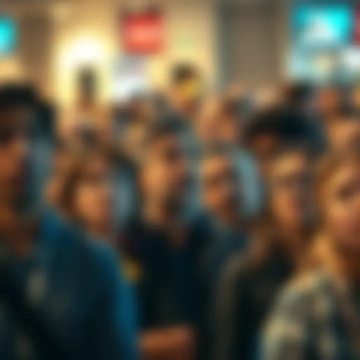 A diverse group of people looking surprised and discussing recent news events in a public setting.