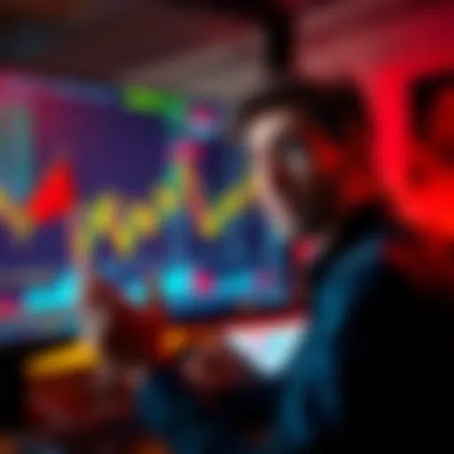 An investor appears confused while analyzing stock market charts on a computer screen, showing fluctuating graphs and red flags.