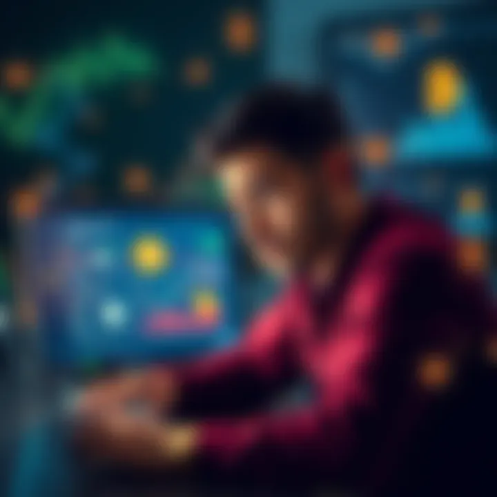 A person appears puzzled while looking at different crypto platforms on a laptop, surrounded by charts and symbols representing digital currency.