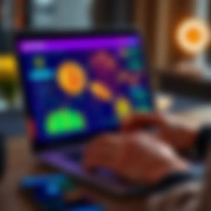 A person consolidating Bitcoin transactions on a laptop with digital assets displayed on the screen