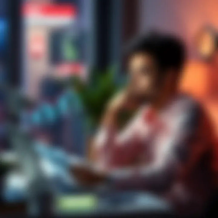 A person sitting at a desk with a laptop and financial documents, looking thoughtful about claiming a reward or reinvesting it.