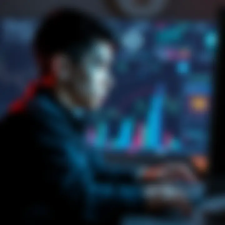 A young man sitting at a computer with cryptocurrency symbols on the screen, looking concerned.