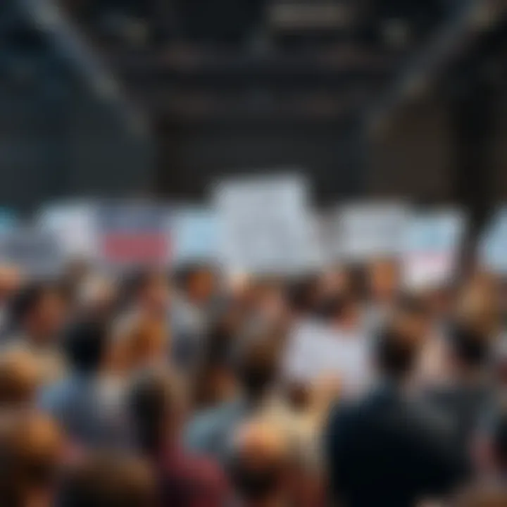 A diverse group of people engaged in a lively discussion, with some holding signs featuring misspelled words to emphasize contrarian views.