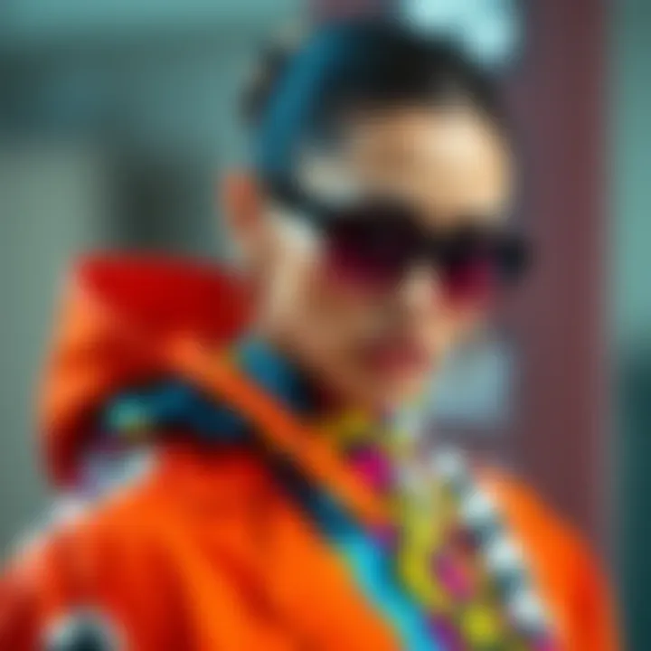 A model showcases a Contrastjak outfit with bold colors and unique patterns, highlighting the latest fashion trend.