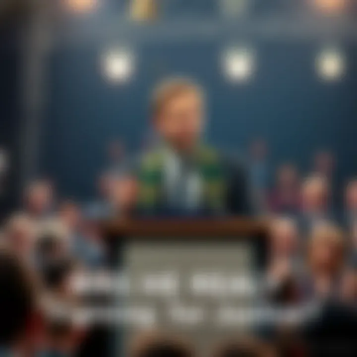 A person stands confidently at a podium, addressing a crowd with a passionate expression, symbolizing their fight for justice.