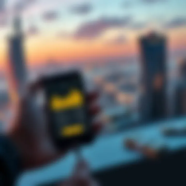A person holding a smartphone displaying cryptocurrency balances, with stacks of cash and Dubai skyline in the background.