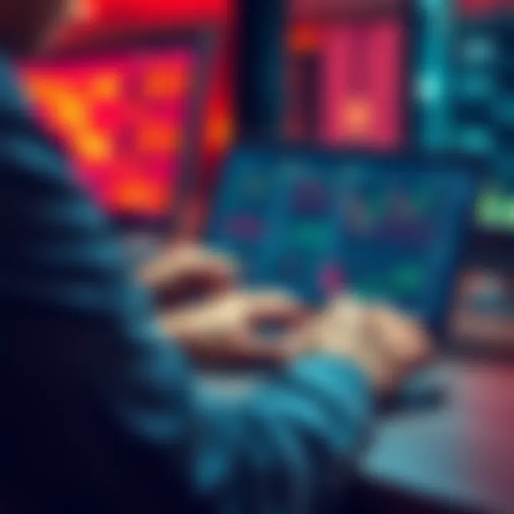 A person examining charts and trading data on a laptop, with a digital wallet interface showing successful trades, representing copy trading on Solana.