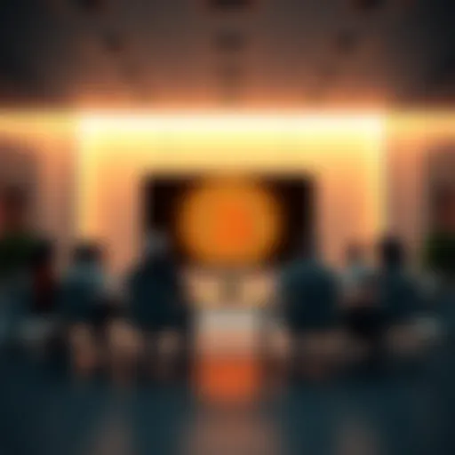 A corporate office setting with a Bitcoin logo on the wall and people discussing at a table, symbolizing the idea of Bitcoin being created by a company.