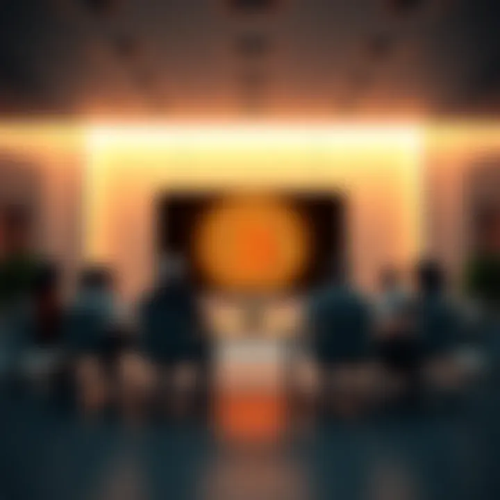 Corporate Control of Bitcoin A corporate office setting with a Bitcoin logo on the wall and people discussing at a table, symbolizing the idea of Bitcoin being created by a company.