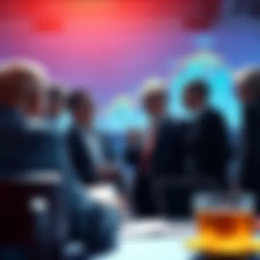 A group of politicians discussing with fund managers about R-Bitcoin investment, showing money and charts in the background.