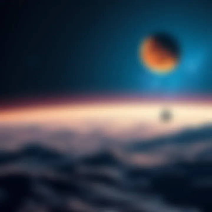 An artist's rendering of a spacecraft traveling from the moon to Mars, set against a vibrant starry backdrop