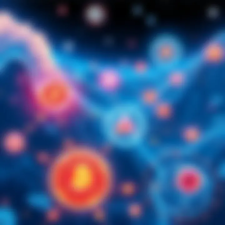 A detailed illustration showcasing the interconnectedness of DeFi projects on the Cosmos network, featuring elements symbolizing cross-chain exchanges.