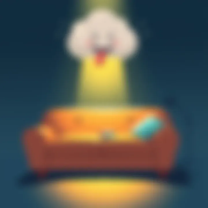 A whimsical illustration of a couch with a smiling cartoon fart cloud above it, symbolizing humor in the crypto world.