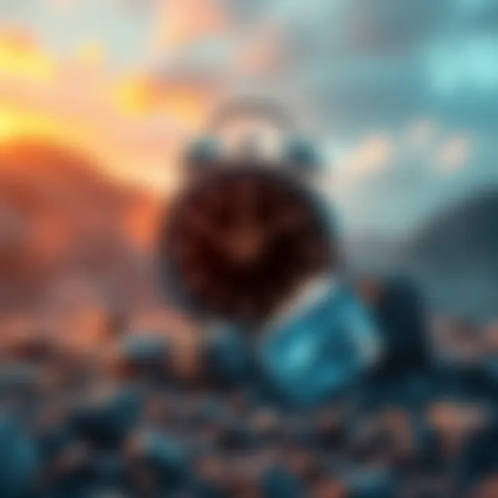 A visual representation of a rare asset, showing a clock ticking and a large gemstone with a backdrop of a mined landscape, illustrating the scarcity with only 1 million left.