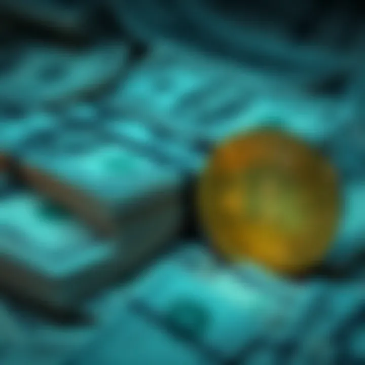 A stack of counterfeit bills beside a Bitcoin symbol, illustrating the risks of fake currency and the benefits of investing in Bitcoin.