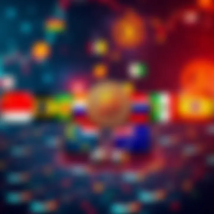 Graphic showing flags of 13 countries involved in Bitcoin mining with a backdrop of cryptocurrency symbols