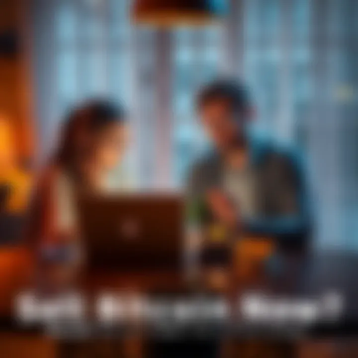 Couple discussing Bitcoin sale A couple sitting at a table looking at a laptop, contemplating selling Bitcoin to buy a home, with a house model on the table.