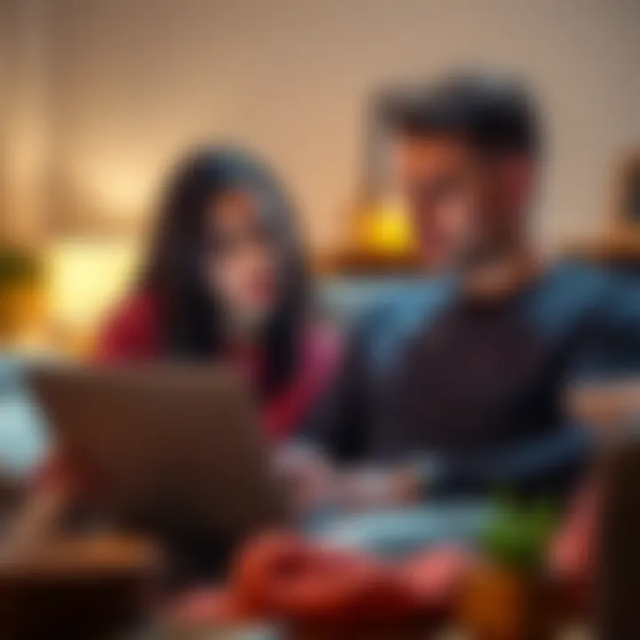 A woman looks concerned while her boyfriend, fixated on his laptop, anxiously checks cryptocurrency prices. The couple is sitting in a cozy living room, reflecting their emotional strain over his inve...