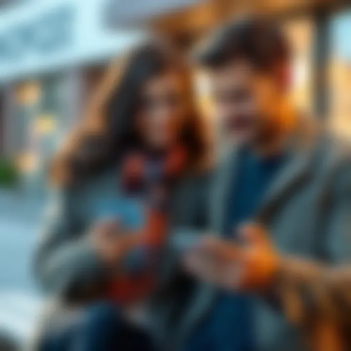 A couple talking about money management, with one person showing a mobile app on their phone, representing banking and card sharing.