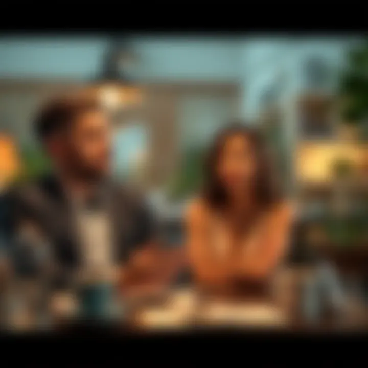 A man and a woman sit together at a table, engaged in a serious conversation about financial ambitions. The man looks hopeful, while the woman appears thoughtful.
