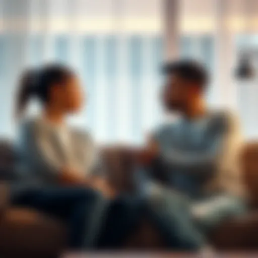 A couple sitting on a couch, engaged in a serious conversation about their relationship.