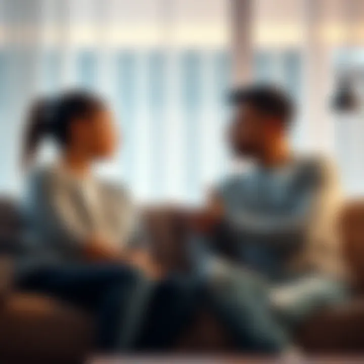 A couple sitting on a couch, engaged in a serious conversation about their relationship.