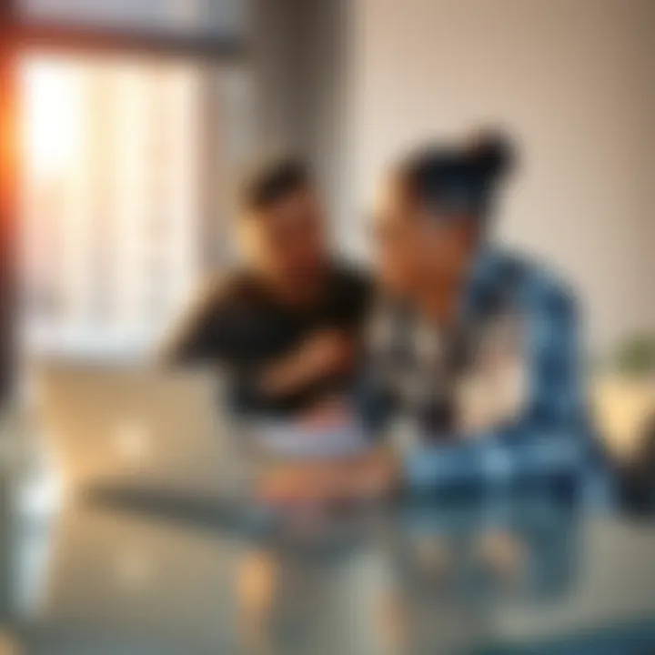 A couple sitting at a table with a laptop and notepad, discussing their financial options regarding cryptocurrency and savings goals.