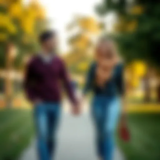 A happy couple enjoying a walk in the park, holding hands and smiling at each other, representing a strong relationship