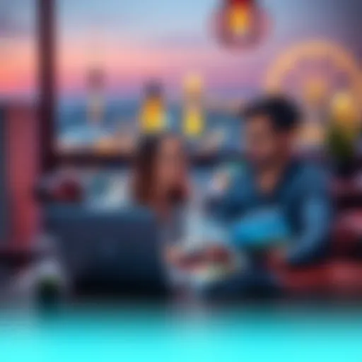 A couple discussing financial choices and relocation options at a table with a laptop and travel brochures