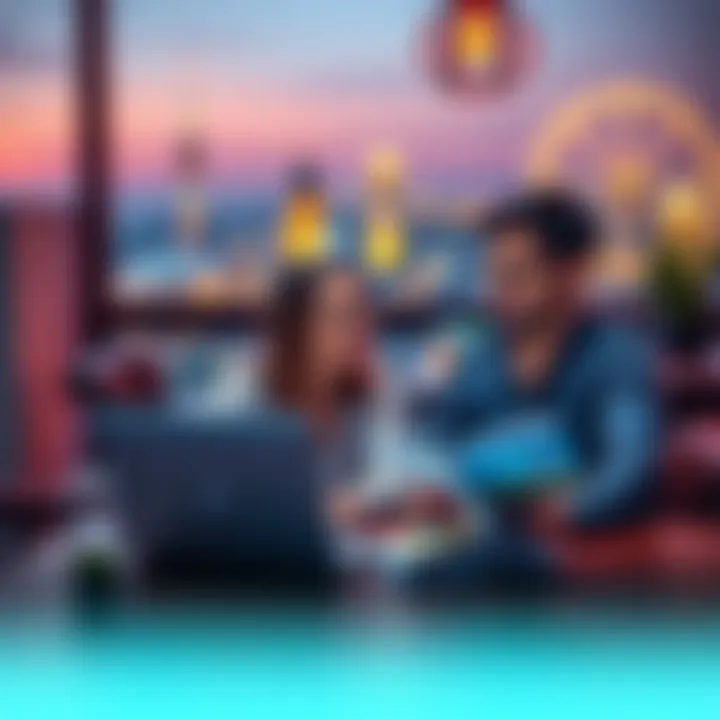 A couple discussing financial choices and relocation options at a table with a laptop and travel brochures