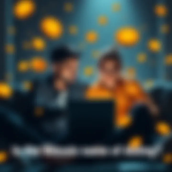 Two people sitting together, discussing Bitcoin while looking at a laptop, surrounded by cryptocurrency symbols