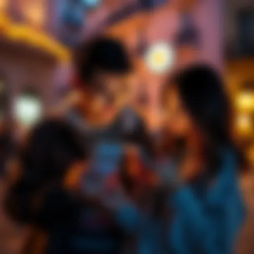 A couple looking at mobile devices while discussing accommodation prices for Madrid, showing a variety of user interfaces with different rates visible.