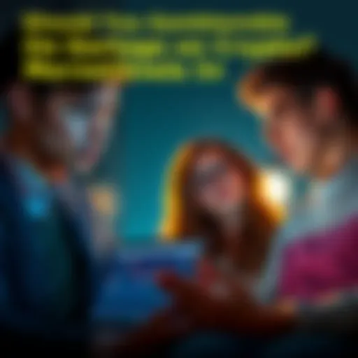 A concerned couple discussing finances with a laptop showing cryptocurrency charts in the background