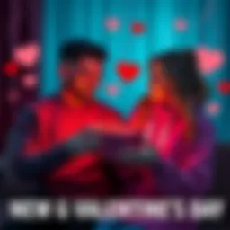 Couple exchanging crypto-themed Valentine's gifts A couple smiling as they exchange Valentine's gifts featuring cryptocurrency themes, surrounded by heart decorations and digital asset symbols.