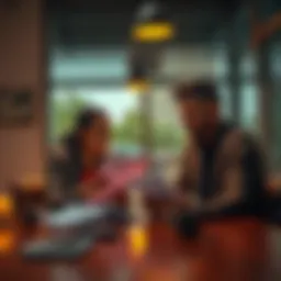 A couple sitting at a table, looking at financial documents and talking about their future. The atmosphere shows tension as they communicate their different views on wealth and ambition.