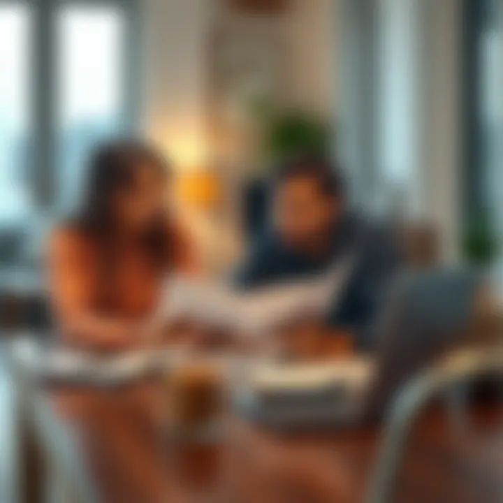 A couple sitting at a table with financial documents, discussing the pros and cons of moving due to high taxes in Illinois.