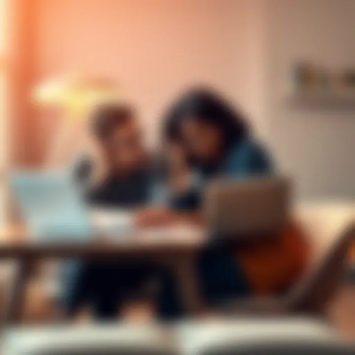 A couple sitting at a table with papers and a laptop, looking concerned about hidden cryptocurrency assets during their divorce process.