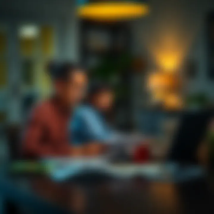 A couple sitting at a table with bills and a laptop, talking about withdrawing money from retirement savings for debt and investment