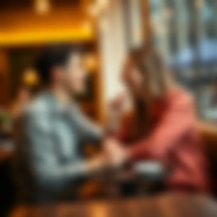 A young couple sharing a laugh while flirting at a café table, with warm smiles and playful gestures.