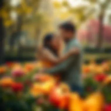 Couple Sharing a Joyful Moment A happy couple embracing in a park, surrounded by flowers, symbolizing love and connection.