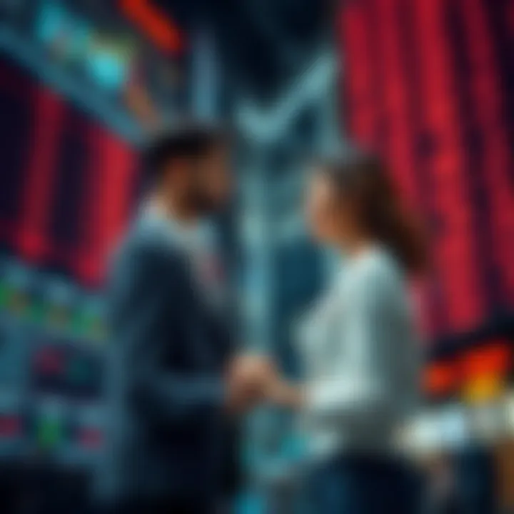 A couple holding hands, smiling at each other, standing in front of a stock market display showing fluctuating graphs, symbolizing love amid financial uncertainty.
