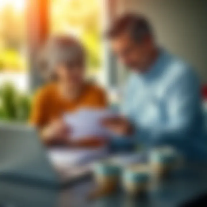 A couple reviewing financial documents and discussing retirement plans at a table with a laptop and coffee cups