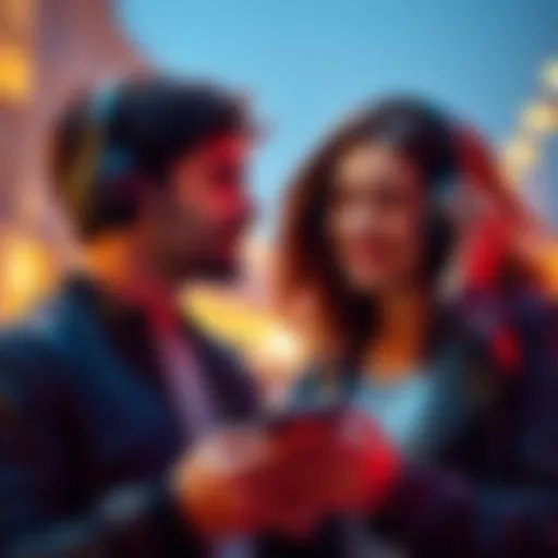 Couple sharing music Man and woman sharing headphones, discussing their favorite song, with visible passion and connection