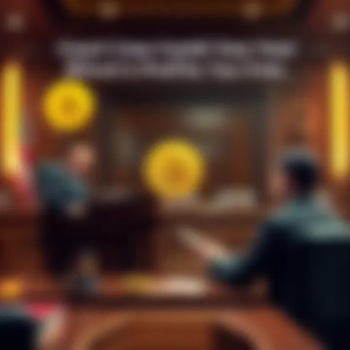 A courtroom scene with a judge, attorney, and Bitcoin symbols representing potential tax-free profits.