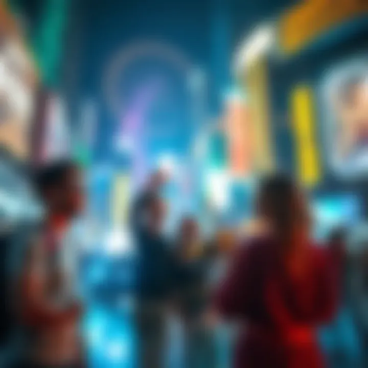 A group of friends celebrating in a futuristic city with advanced technology and vibrant lights
